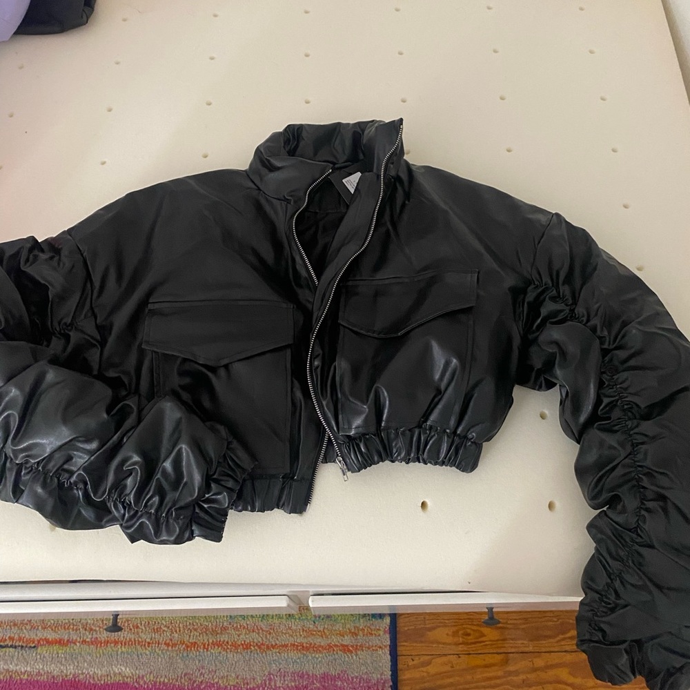 pretty little thing leather scrunched arm jacket